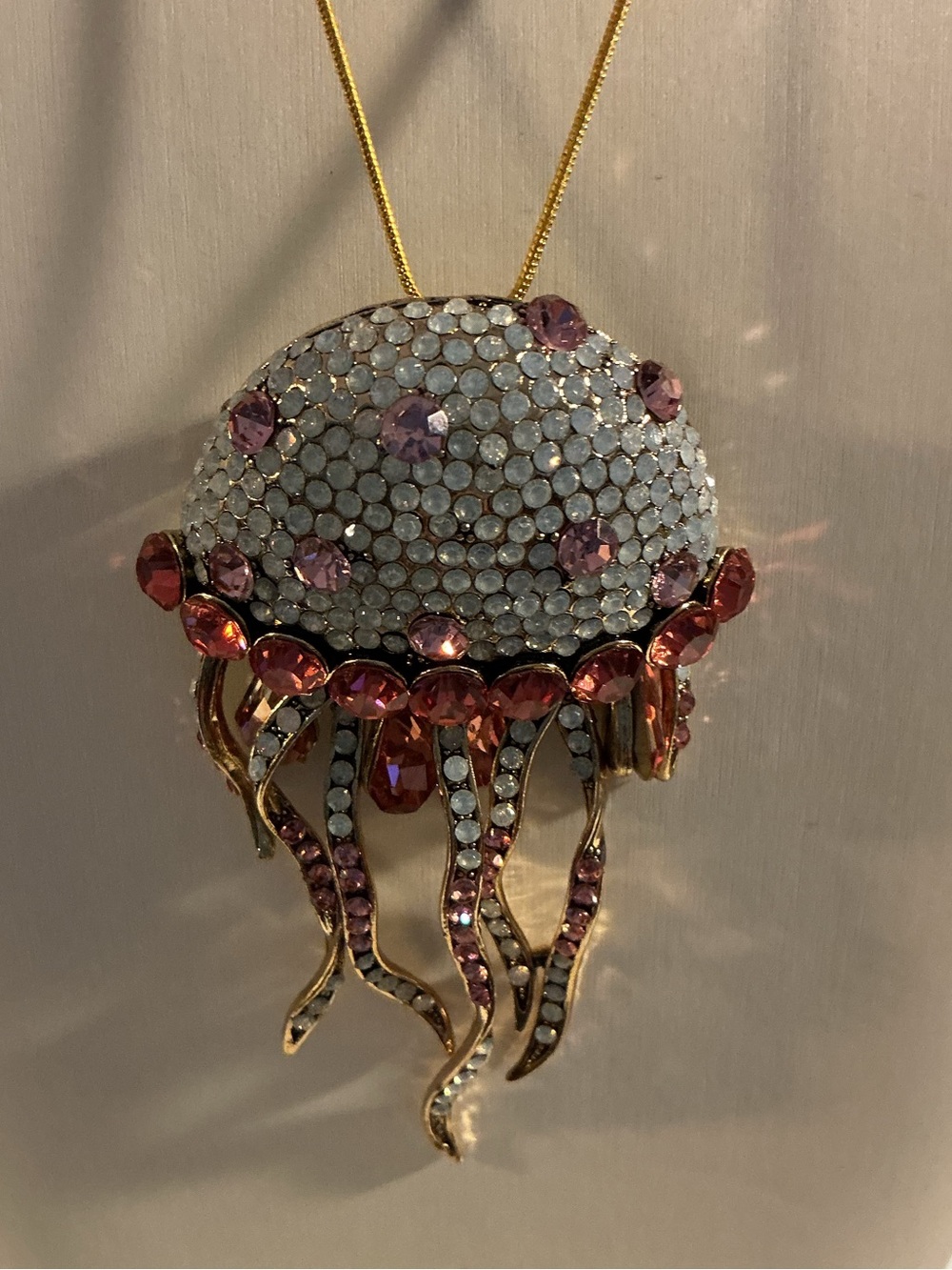 Pink & White Rhinestone Jellyfish Gold Tone Statement Brooch Pendant Necklace